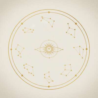 Illustration astrologique minimaliste nude et dorée avec cercle céleste, constellations en points dorés et symbole solaire.